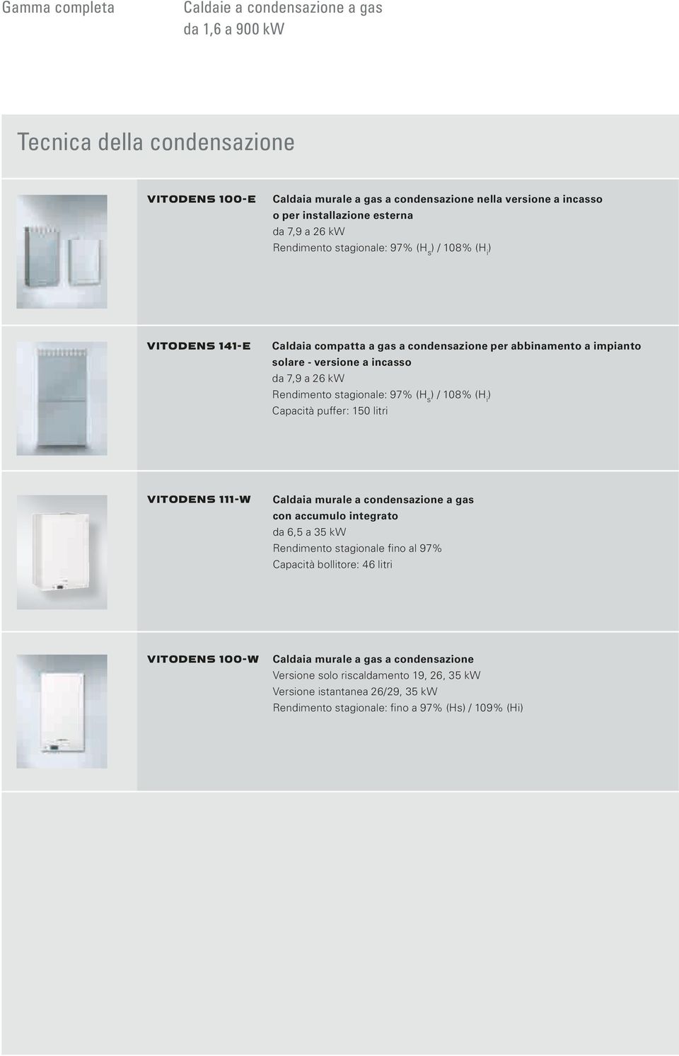 7,9 a 26 kw Rendimento stagionale: 97% (H s ) / 108% (H i ) Capacità puffer: 150 litri VITODENS 111-W Caldaia murale a condensazione a gas con accumulo integrato da 6,5 a 35 kw Rendimento stagionale