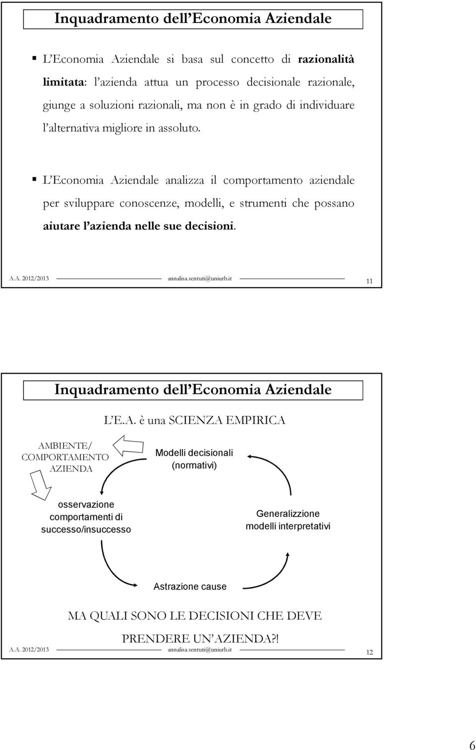 L Economia Aziendale analizza il comportamento aziendale per sviluppare conoscenze, modelli, e strumenti che possano aiutare l azienda nelle sue decisioni. annalisa.sentuti@uniurb.