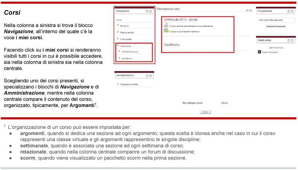 Scegliendo uno dei corsi presenti, si specializzano i blocchi di Navigazione e di Amministrazione, mentre nella colonna centrale compare il contenuto del corso, organizzato, tipicamente, per