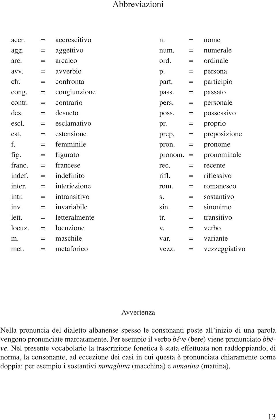 = metaforico n. = nome num. = numerale ord. = ordinale p. = persona part. = participio pass. = passato pers. = personale poss. = possessivo pr. = proprio prep. = preposizione pron. = pronome pronom.