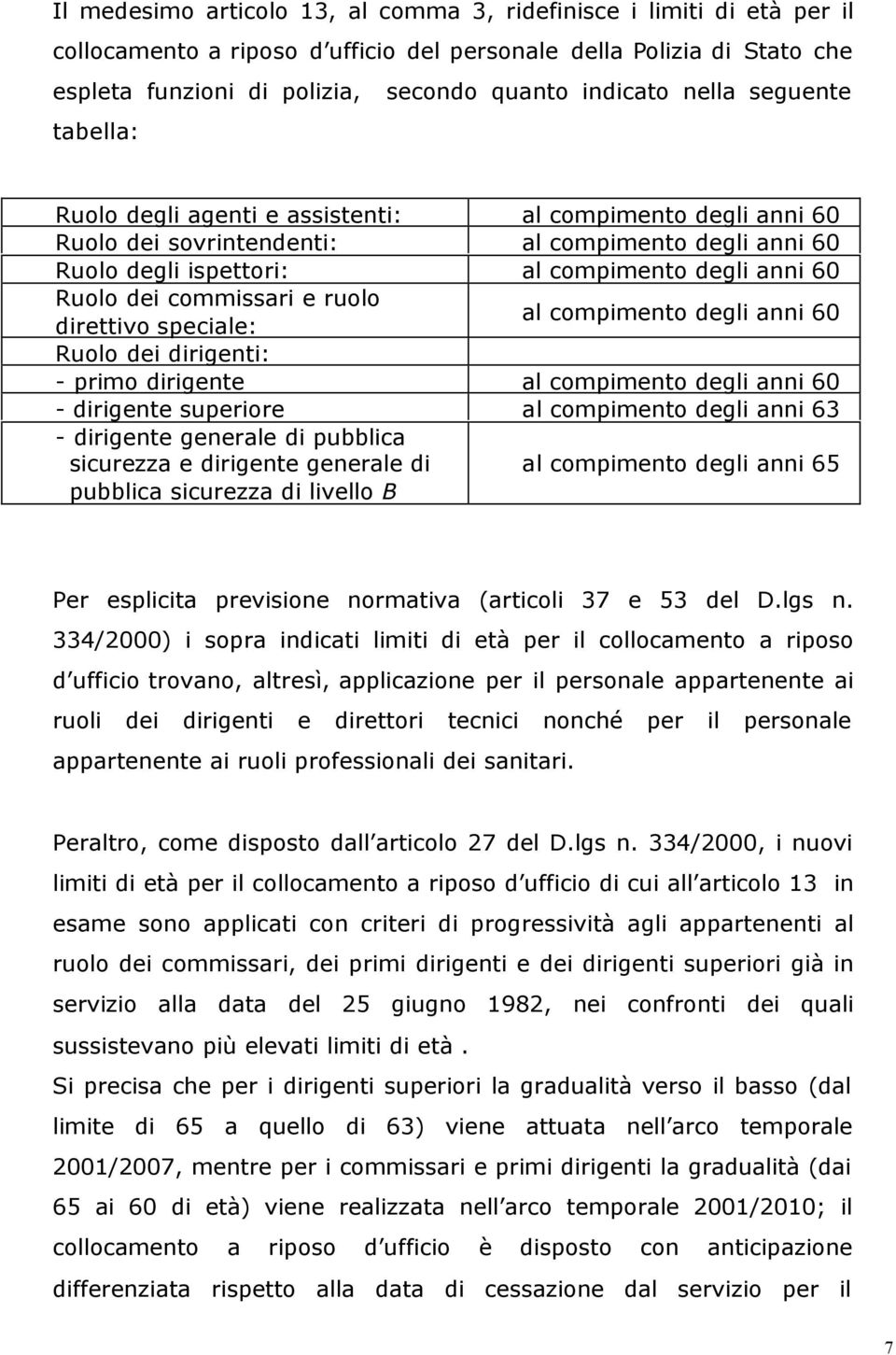 commissari e ruolo al compimento degli anni 60 direttivo speciale: Ruolo dei dirigenti: - primo dirigente al compimento degli anni 60 - dirigente superiore al compimento degli anni 63 - dirigente