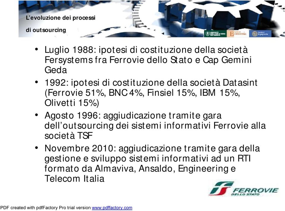 Agosto 1996: aggiudicazione tramite gara dell outsourcing dei sistemi informativi Ferrovie alla societàtsf Novembre 2010: