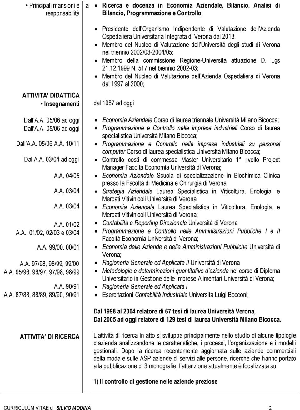 Aziendale, Bilancio, Analisi di Bilancio, Programmazione e Controllo; Presidente dell Organismo Indipendente di Valutazione dell Azienda Ospedaliera Universitaria Integrata di Verona dal 2013.