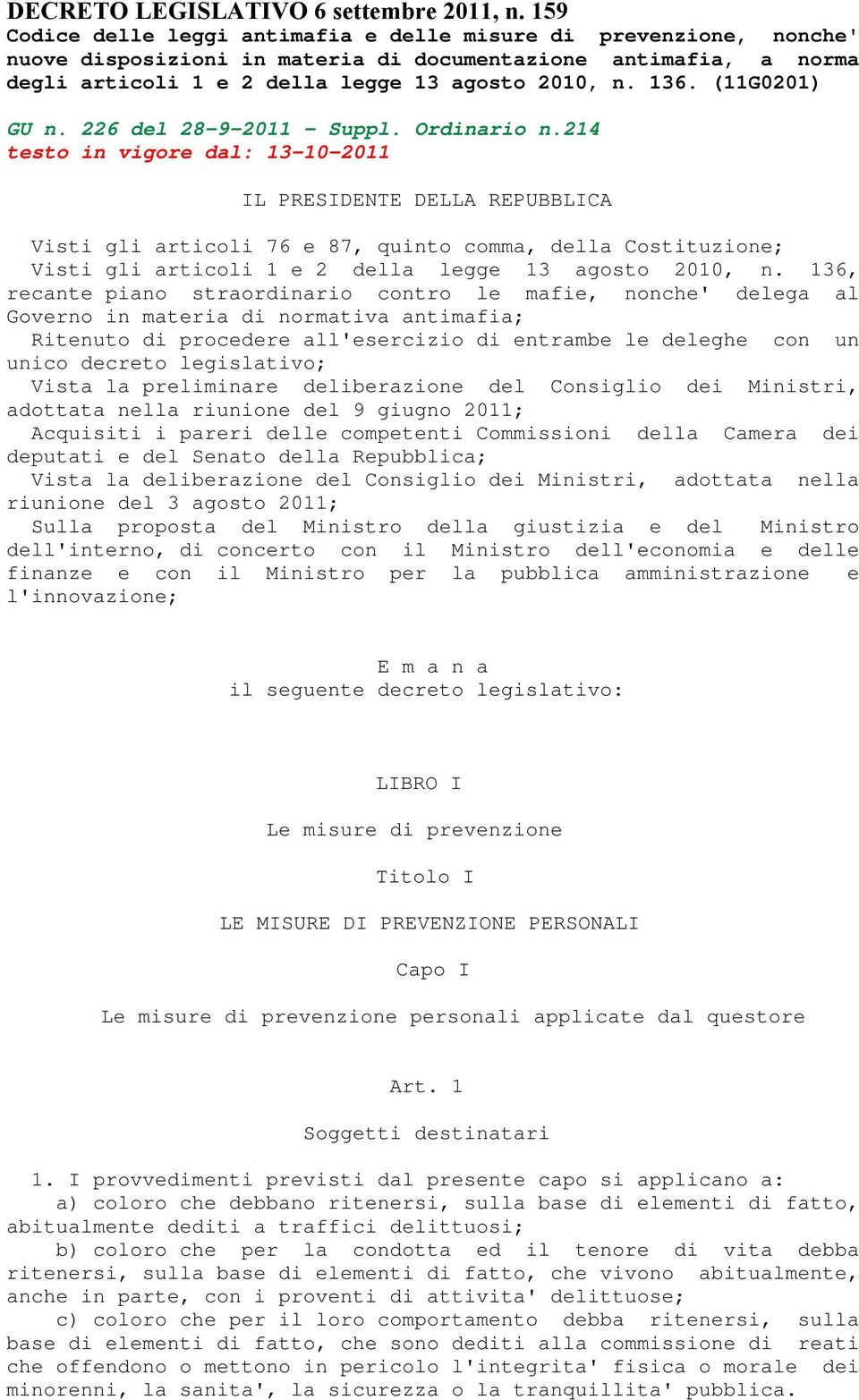 (11G0201) GU n. 226 del 28-9-2011 - Suppl. Ordinario n.