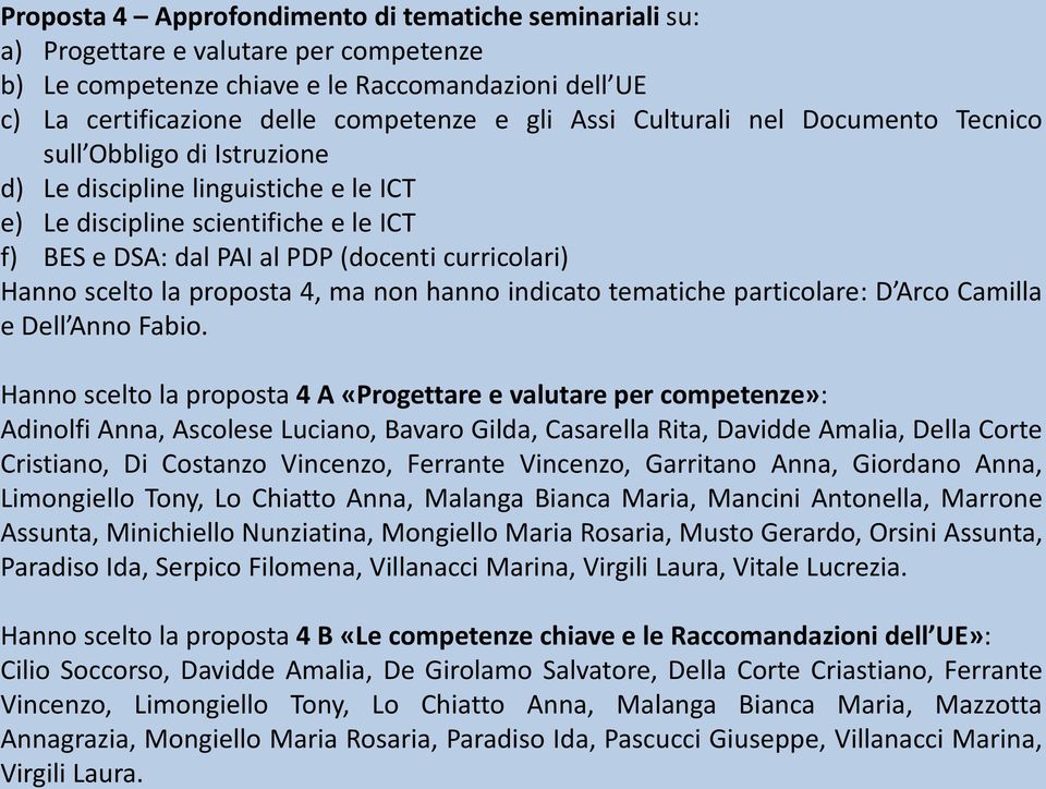 scelto la proposta 4, ma non hanno indicato tematiche particolare: D Arco Camilla e Dell Anno Fabio.
