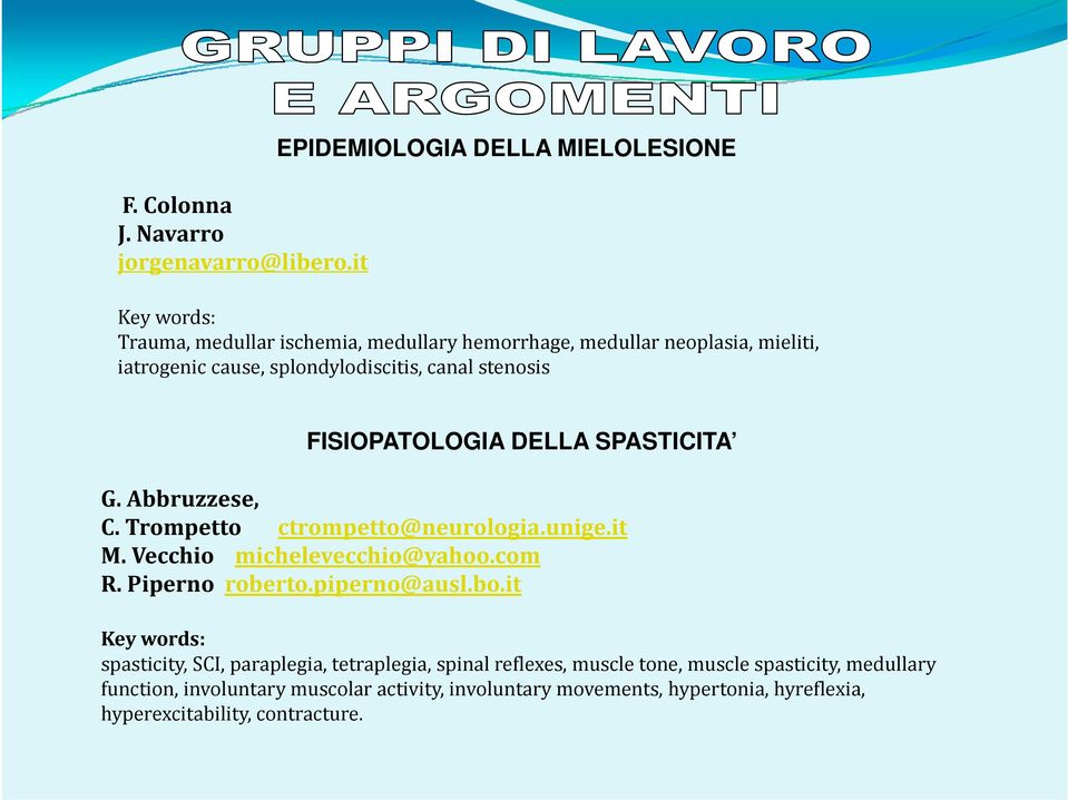 splondylodiscitis, canal stenosis FISIOPATOLOGIA DELLA SPASTICITA G. Abbruzzese, C. Trompetto ctrompetto@neurologia.unige.it M.