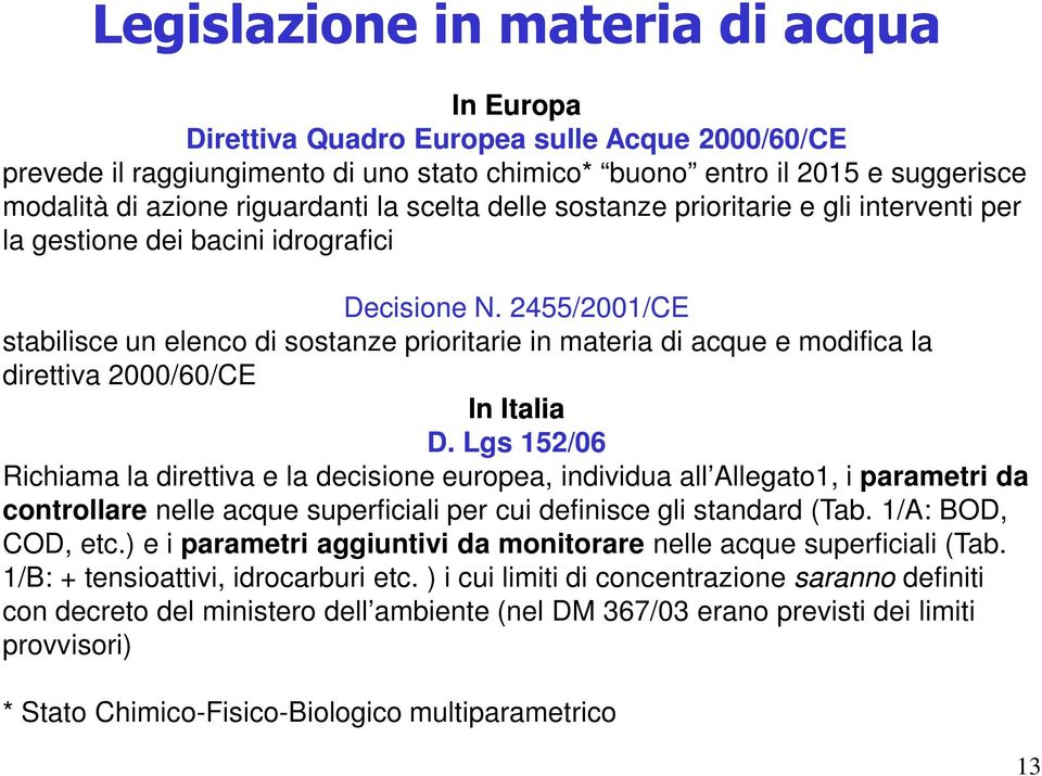 2455/2001/CE stabilisce un elenco di sostanze prioritarie in materia di acque e modifica la direttiva 2000/60/CE In Italia D.