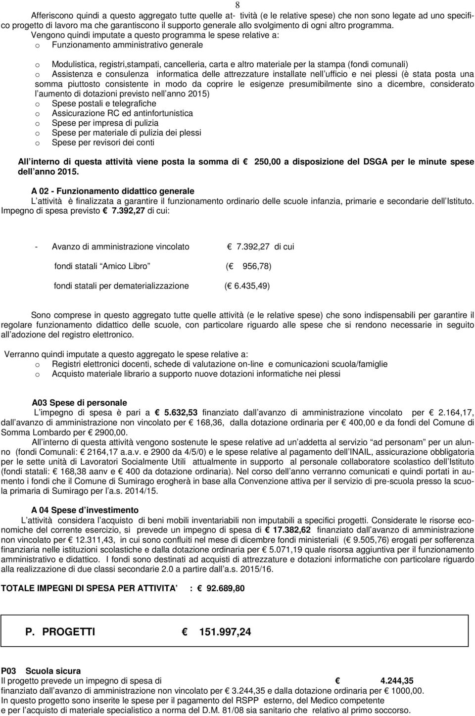 Vengn quindi imputate a quest prgramma le spese relative a: Funzinament amministrativ generale Mdulistica, registri,stampati, cancelleria, carta e altr materiale per la stampa (fndi cmunali)