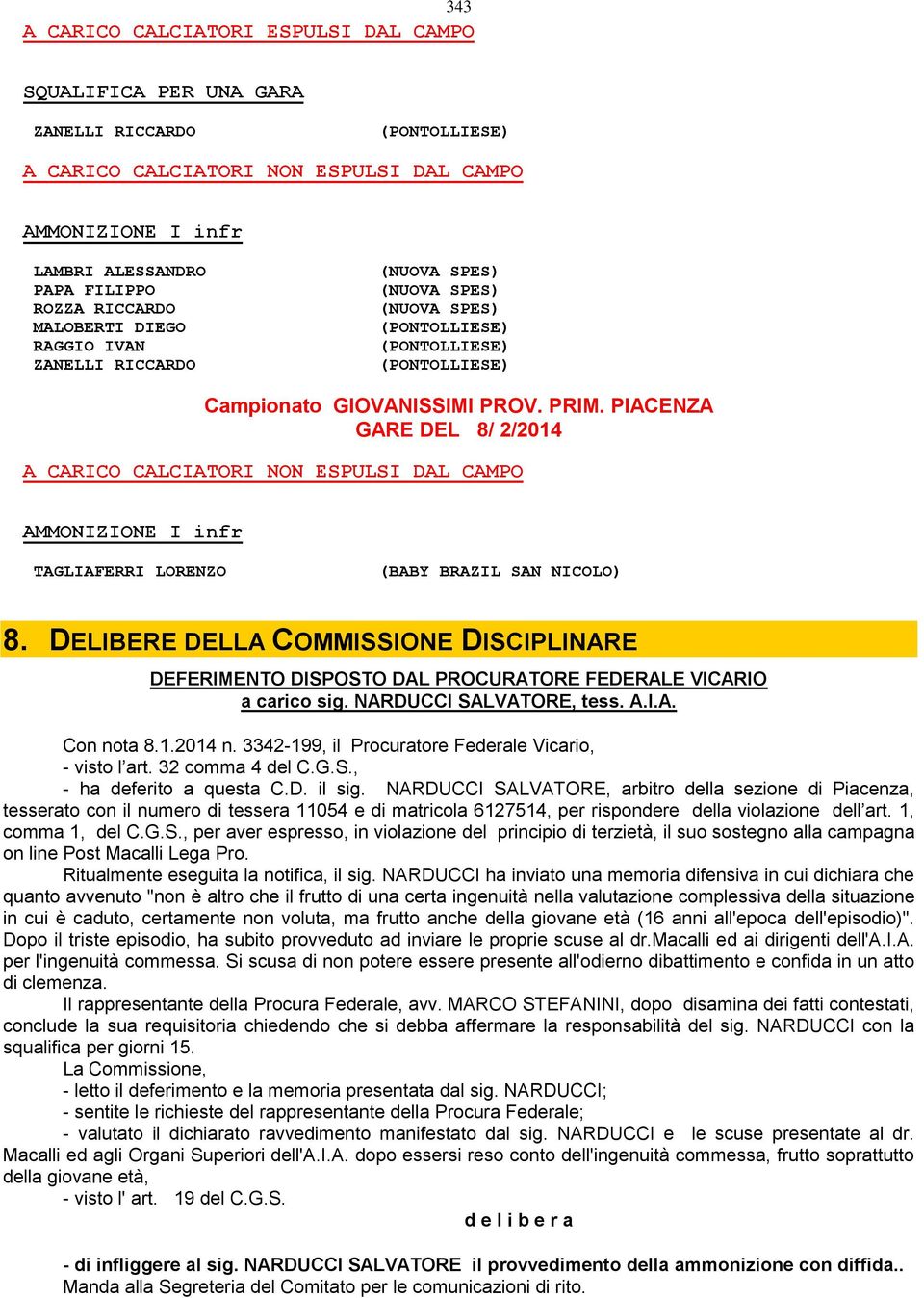 PIACENZA GARE DEL 8/ 2/2014 A CARICO CALCIATORI NON ESPULSI DAL CAMPO AMMONIZIONE I infr TAGLIAFERRI LORENZO (BABY BRAZIL SAN NICOLO) 8.