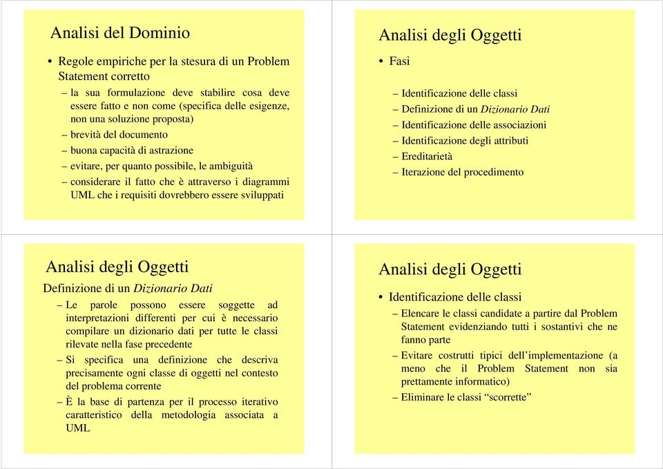 sviluppati Analisi degli Oggetti Fasi Identificazione delle classi Definizione di un Dizionario Dati Identificazione delle associazioni Identificazione degli attributi Ereditarietà Iterazione del