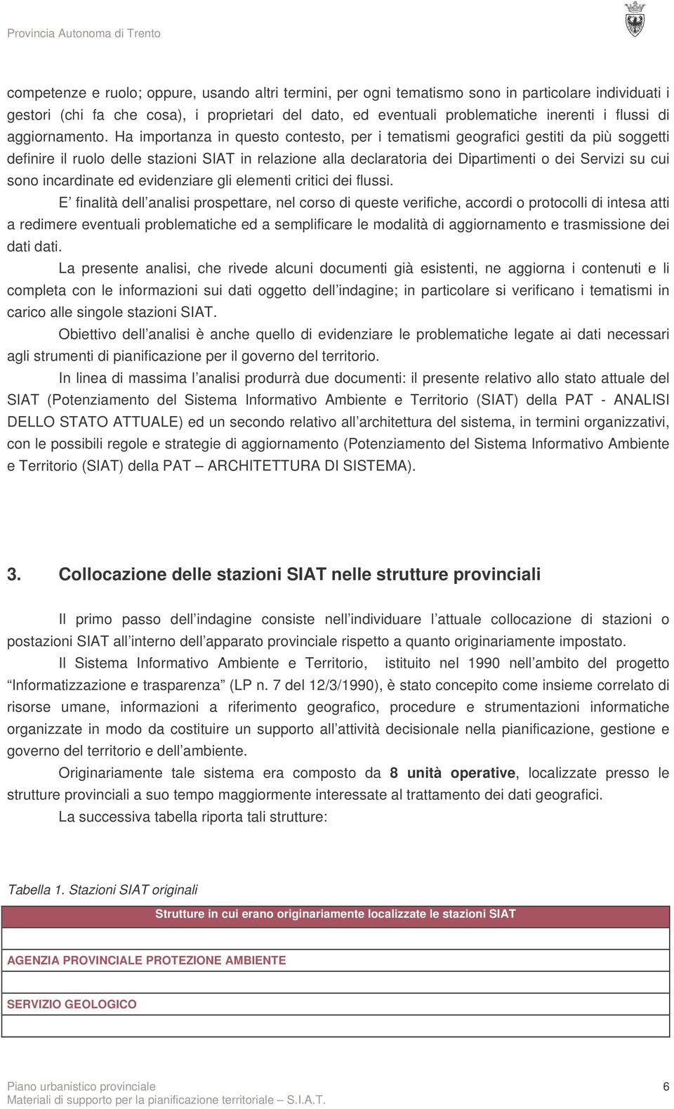 Ha importanza in questo contesto, per i tematismi geografici gestiti da più soggetti definire il ruolo delle stazioni SIAT in relazione alla declaratoria dei Dipartimenti o dei Servizi su cui sono