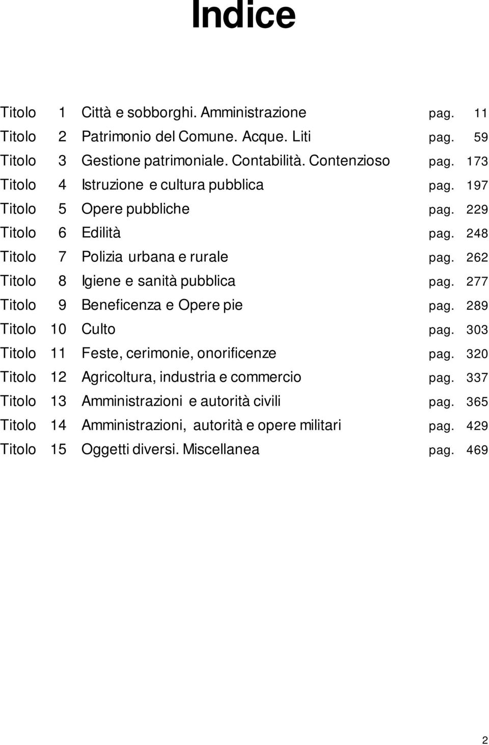 262 Titolo 8 Igiene e sanità pubblica pag. 277 Titolo 9 Beneficenza e Opere pie pag. 289 Titolo 10 Culto pag. 303 Titolo 11 Feste, cerimonie, onorificenze pag.