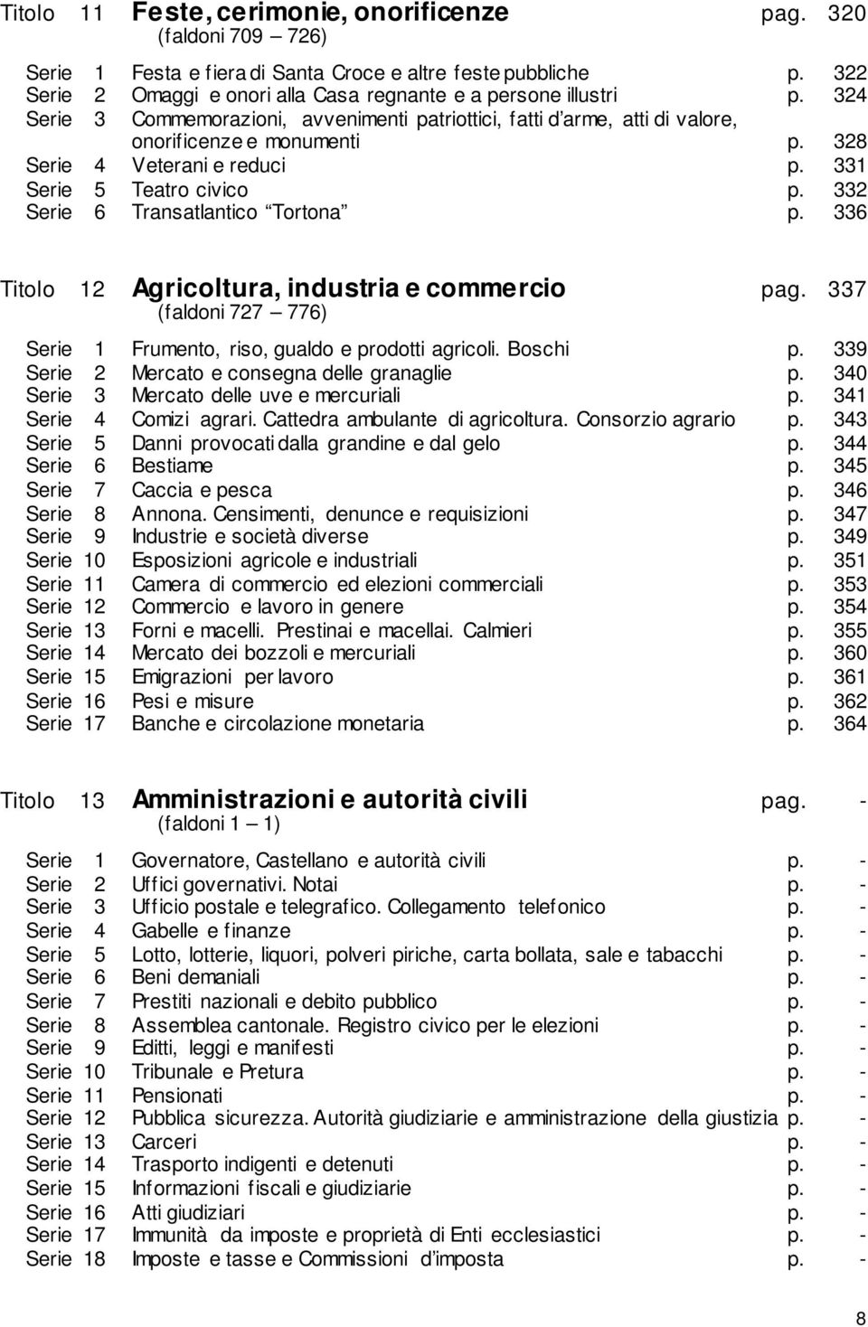 328 Serie 4 Veterani e reduci p. 331 Serie 5 Teatro civico p. 332 Serie 6 Transatlantico Tortona p. 336 Titolo 12 Agricoltura, industria e commercio pag.