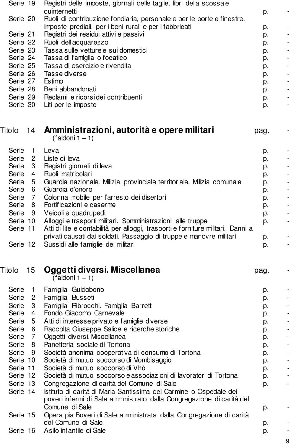 - Serie 24 Tassa di famiglia o focatico p. - Serie 25 Tassa di esercizio e rivendita p. - Serie 26 Tasse diverse p. - Serie 27 Estimo p. - Serie 28 Beni abbandonati p.