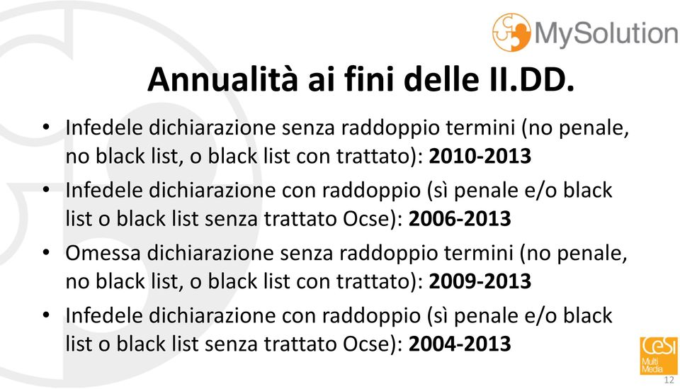 Infedele dichiarazione con raddoppio (sì penale e/o black list o black list senza trattato Ocse): 2006-2013 Omessa