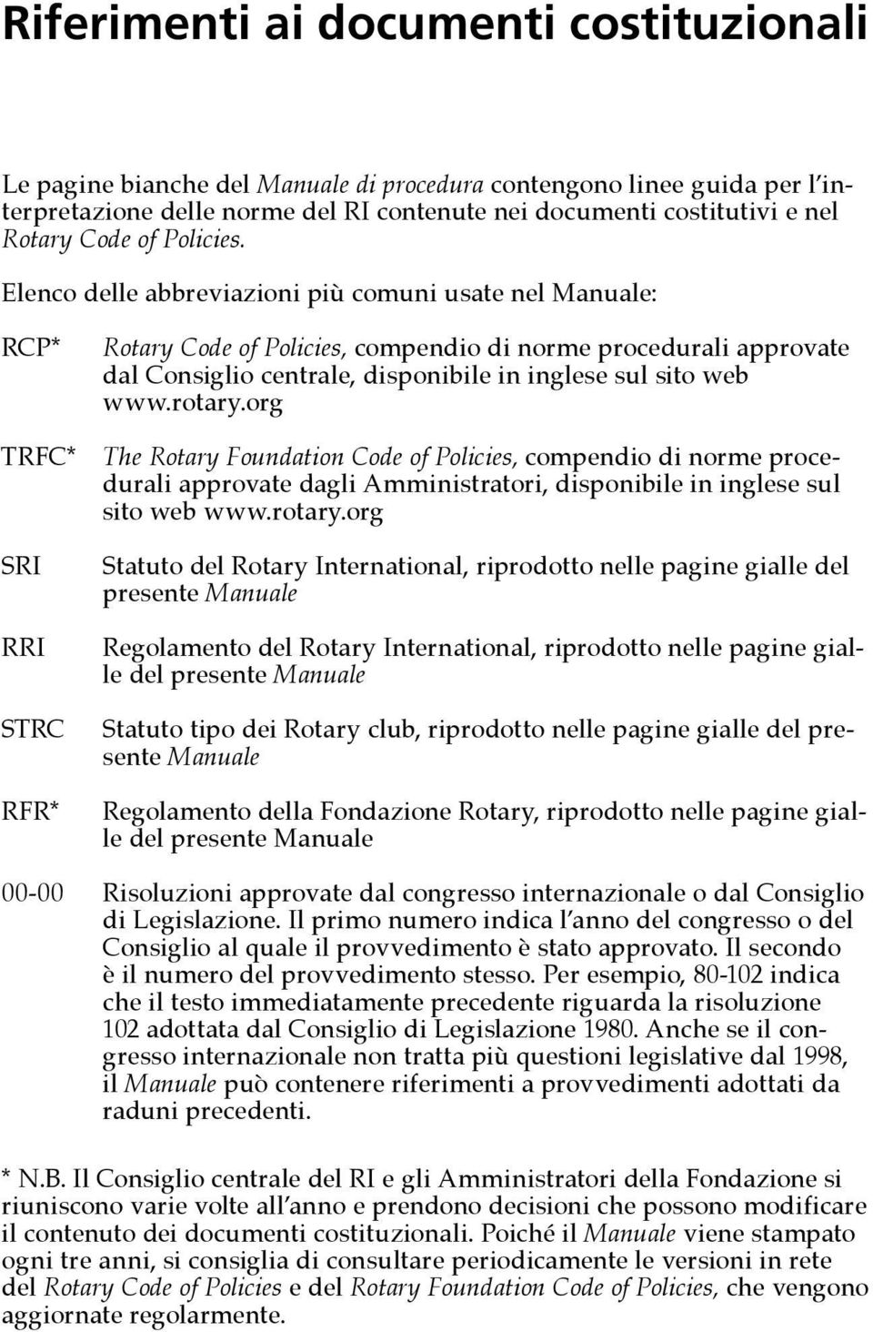 Elenco delle abbreviazioni più comuni usate nel Manuale: RCP* TRFC* SRI RRI STRC RFR* Rotary Code of Policies, compendio di norme procedurali approvate dal Consiglio centrale, disponibile in inglese