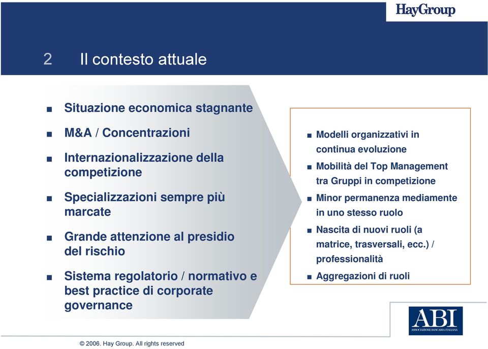 di corporate governance Modelli organizzativi in continua evoluzione Mobilità del Top Management tra Gruppi in competizione