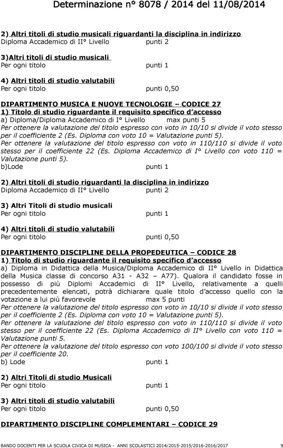 punti 5 Per ottenere la valutazione del titolo espresso con voto in 10/10 si divide il voto stesso per il coefficiente 2 (Es. Diploma con voto 10 = Valutazione punti 5).