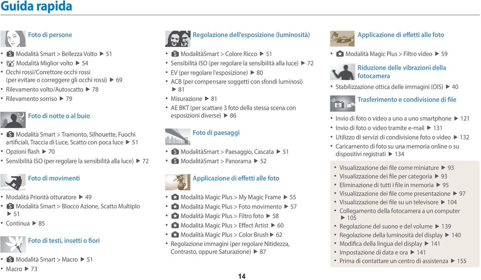 di Luce, Scatto con poca luce 51 Opzioni flash 70 Sensibilità ISO (per regolare la sensibilità alla luce) 72 Foto di movimenti Modalità Priorità otturatore 49 s Modalità Smart > Blocco Azione, Scatto