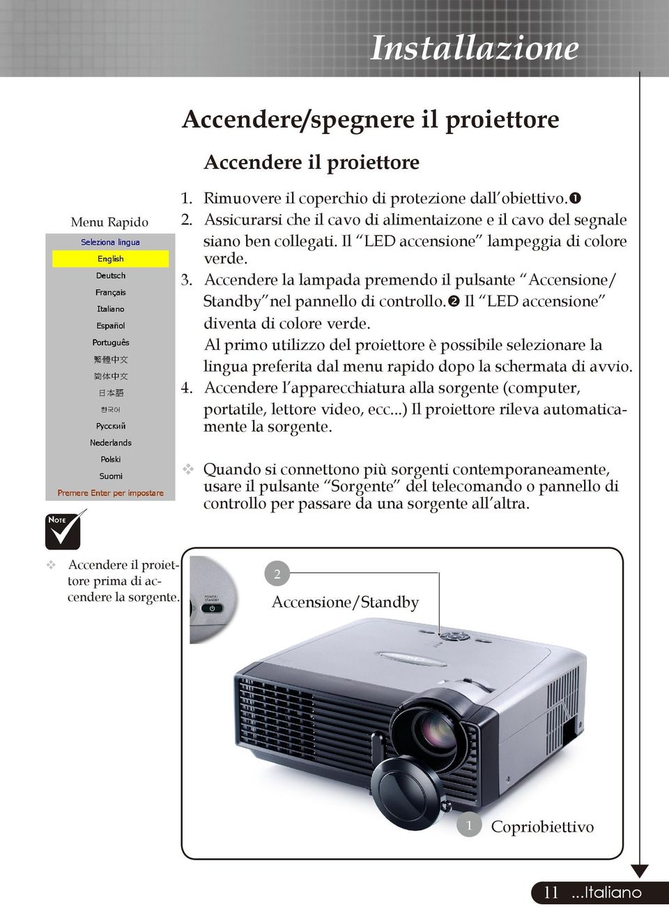 Accendere la lampada premendo il pulsante Accensione/ Standby nel pannello di controllo. Il LED accensione diventa di colore verde.