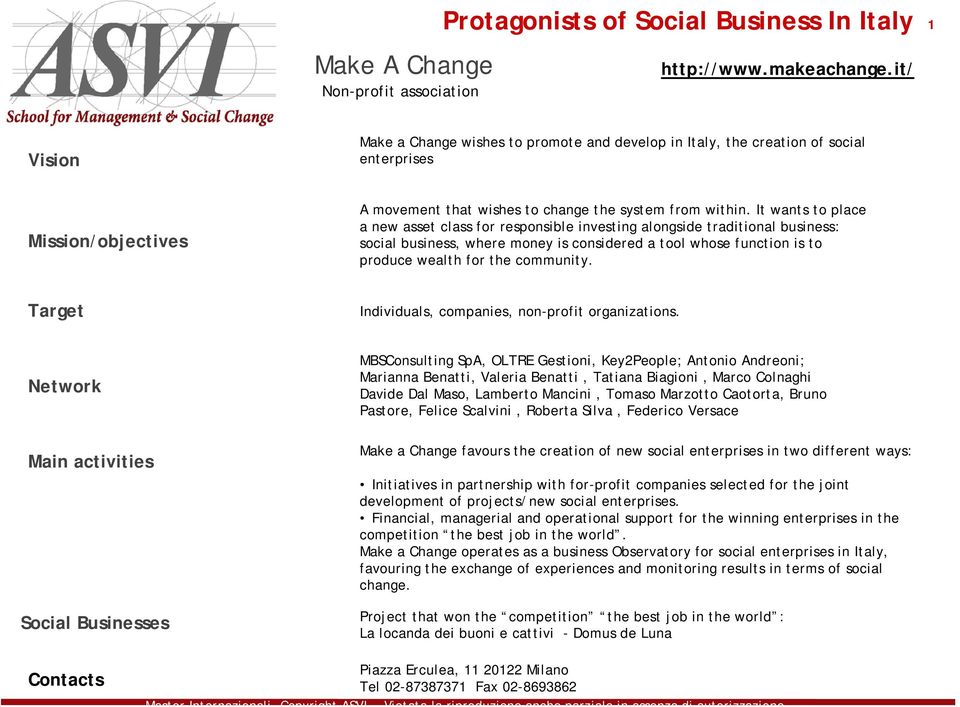 It wants to place a new asset class for responsible investing alongside traditional business: social business, where money is considered a tool whose function is to produce wealth for the community.