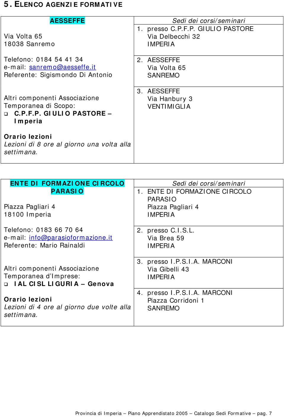 AESSEFFE Via Volta 65 SANREMO 3. AESSEFFE Via Hanbury 3 VENTIMIGLIA Orario lezioni Lezioni di 8 ore al giorno una volta alla settimana.