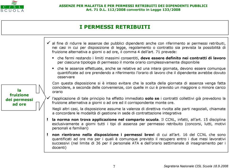 71 prevede: che fermi restando i limiti massimi consentiti, deve essere definito nei contratti di lavoro per ciascuna tipologia di permesso il monte orario complessivamente disponibile che le assenze