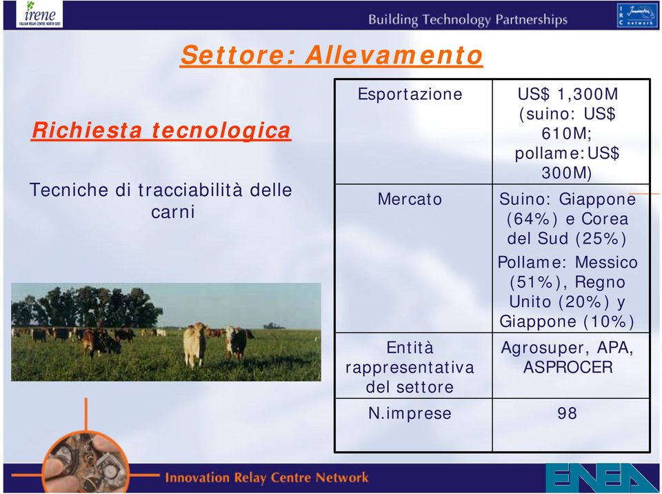 imprese US$ 1,300M (suino: US$ 610M; pollame:us$ 300M) Suino: Giappone (64%) e