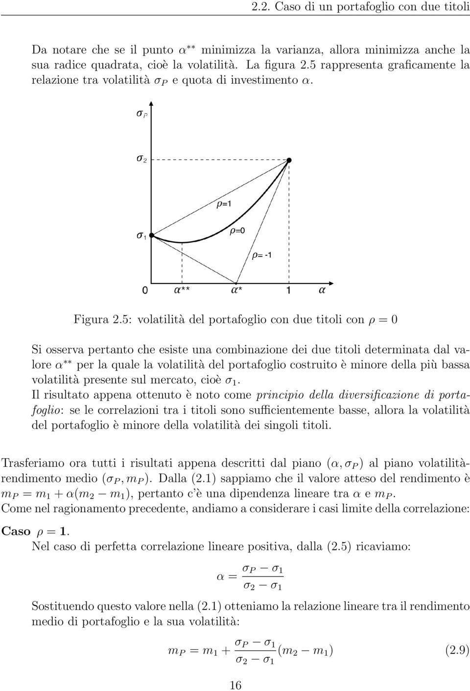 5: volatilità del portafoglio con due titoli con ρ = 0 Si osserva pertanto che esiste una combinazione dei due titoli determinata dal valore α per la quale la volatilità del portafoglio costruito è