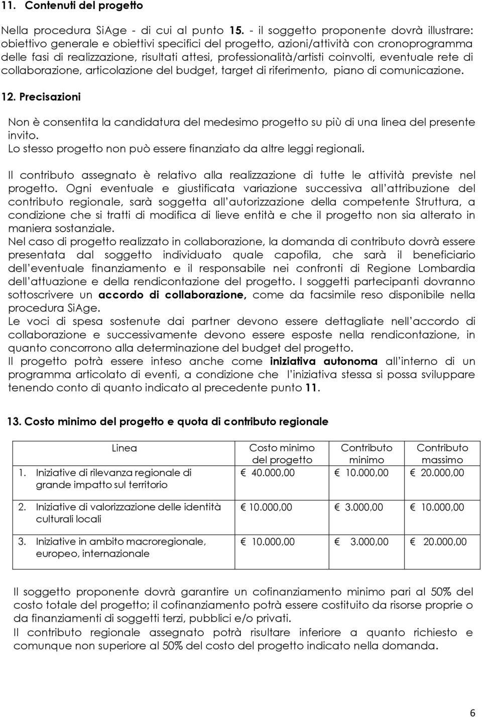 professionalità/artisti coinvolti, eventuale rete di collaborazione, articolazione del budget, target di riferimento, piano di comunicazione. 12.