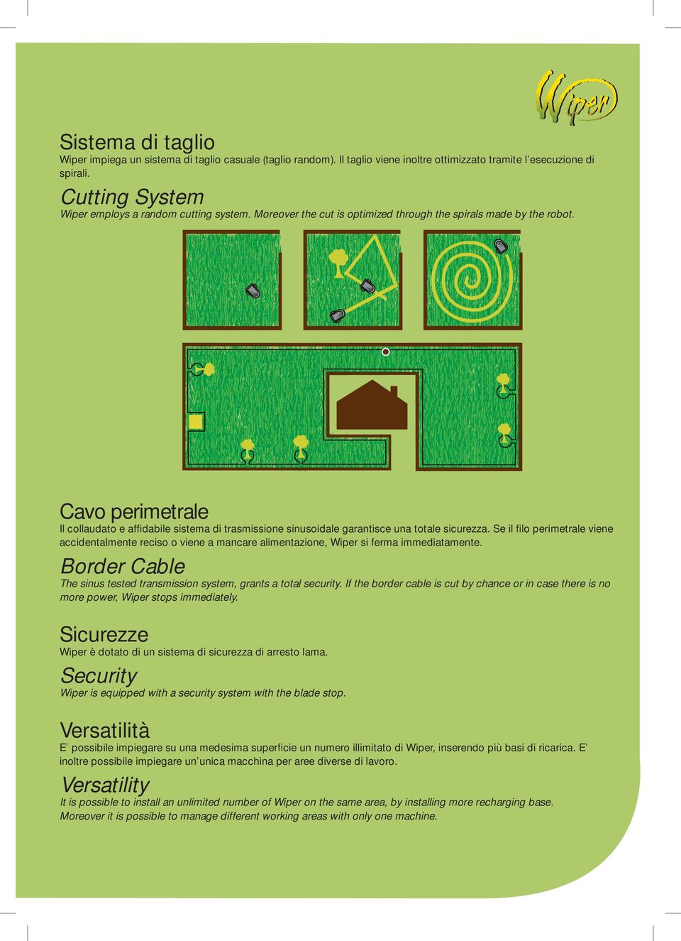 Se il filo perimetrale viene accidentalmente reciso o viene a mancare alimentazione, Wiper si ferma immediatamente. Border Cable The sinus tested transmission system, grants a total security.