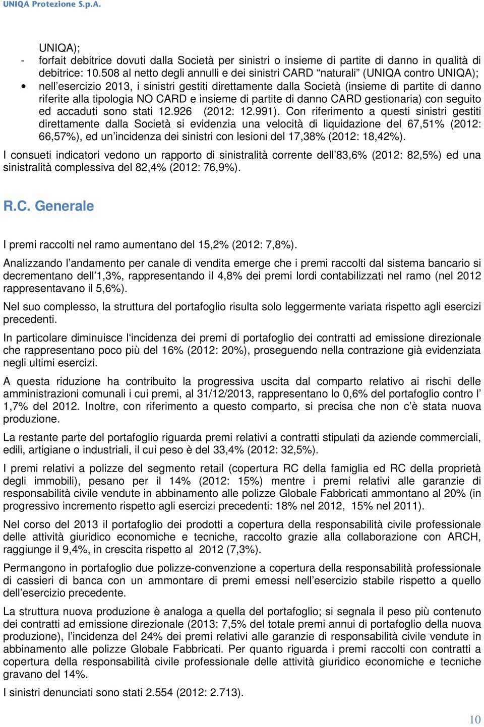 NO CARD e insieme di partite di danno CARD gestionaria) con seguito ed accaduti sono stati 12.926 (2012: 12.991).