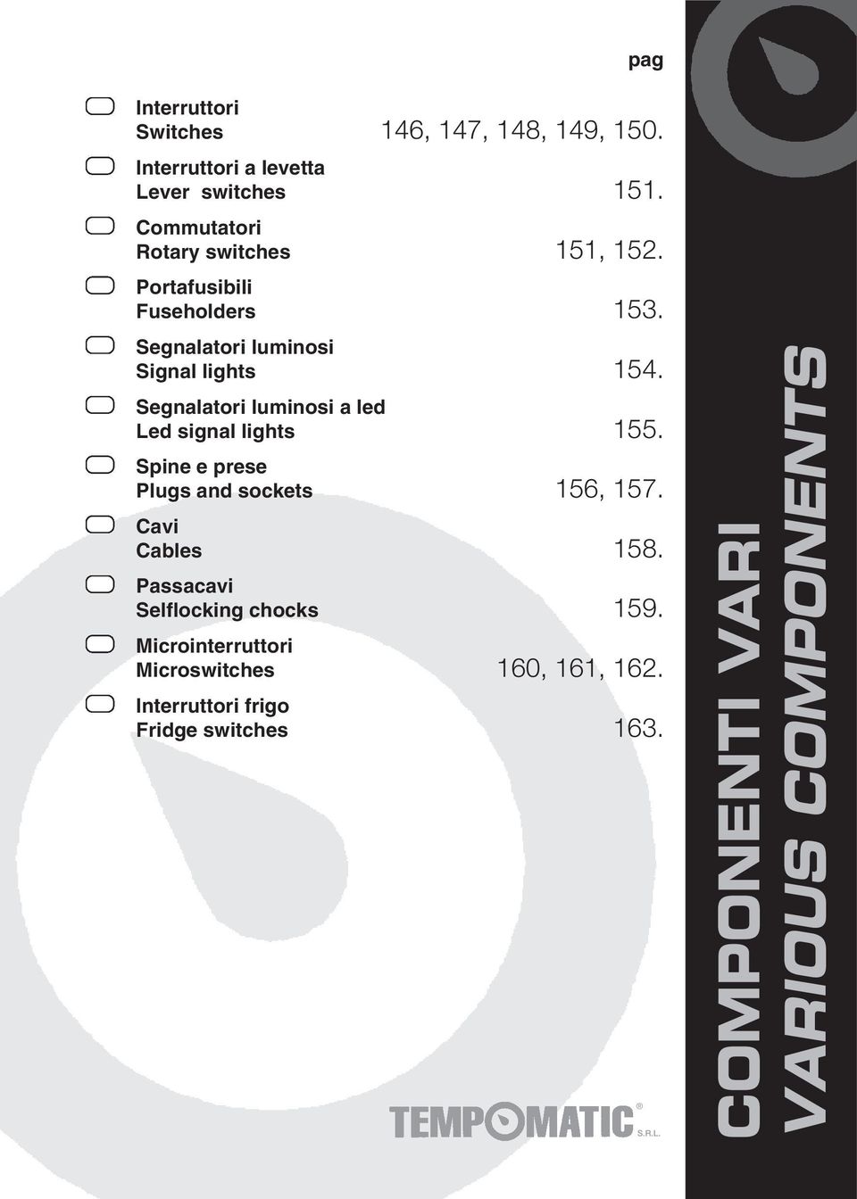 Segnalatori luminosi a led Led signal lights 155. Spine e prese Plugs and sockets 156, 157. Cavi Cables 158.