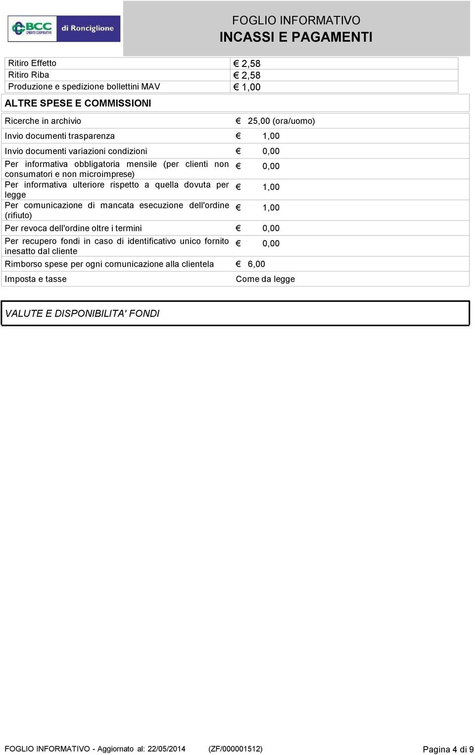 rispetto a quella dovuta per legge Per comunicazione di mancata esecuzione dell'ordine (rifiuto) 0,00 1,00 1,00 Per revoca dell'ordine oltre i termini 0,00 Per recupero fondi in