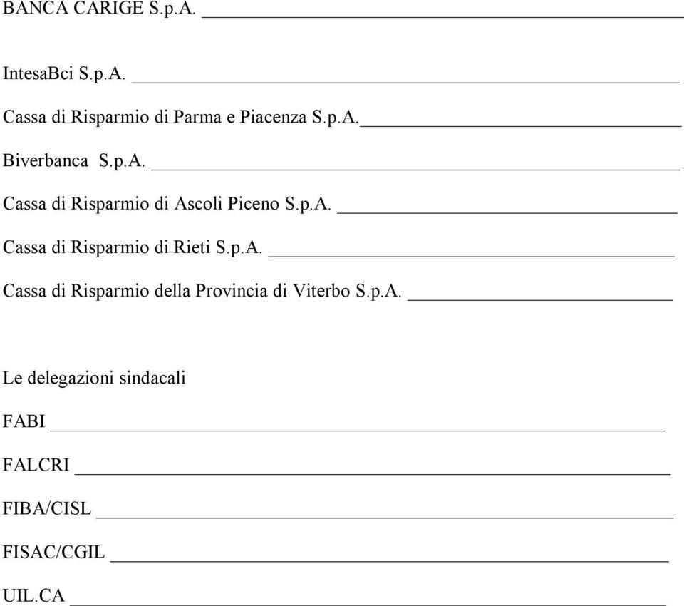 p.A. Cassa di Risparmio della Provincia di Viterbo S.p.A. Le delegazioni sindacali FABI FALCRI FIBA/CISL FISAC/CGIL UIL.