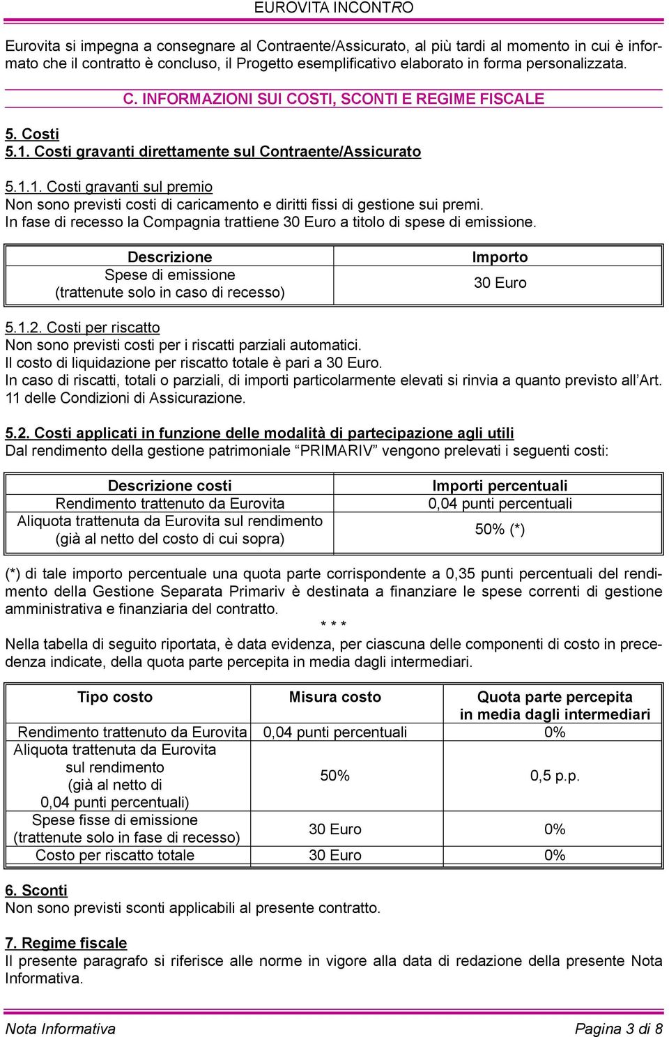 in fase di recesso la compagnia trattiene 30 Euro a titolo di spese di emissione. Descrizione Spese di emissione (trattenute solo in caso di recesso) Importo 30 Euro 5.1.2.