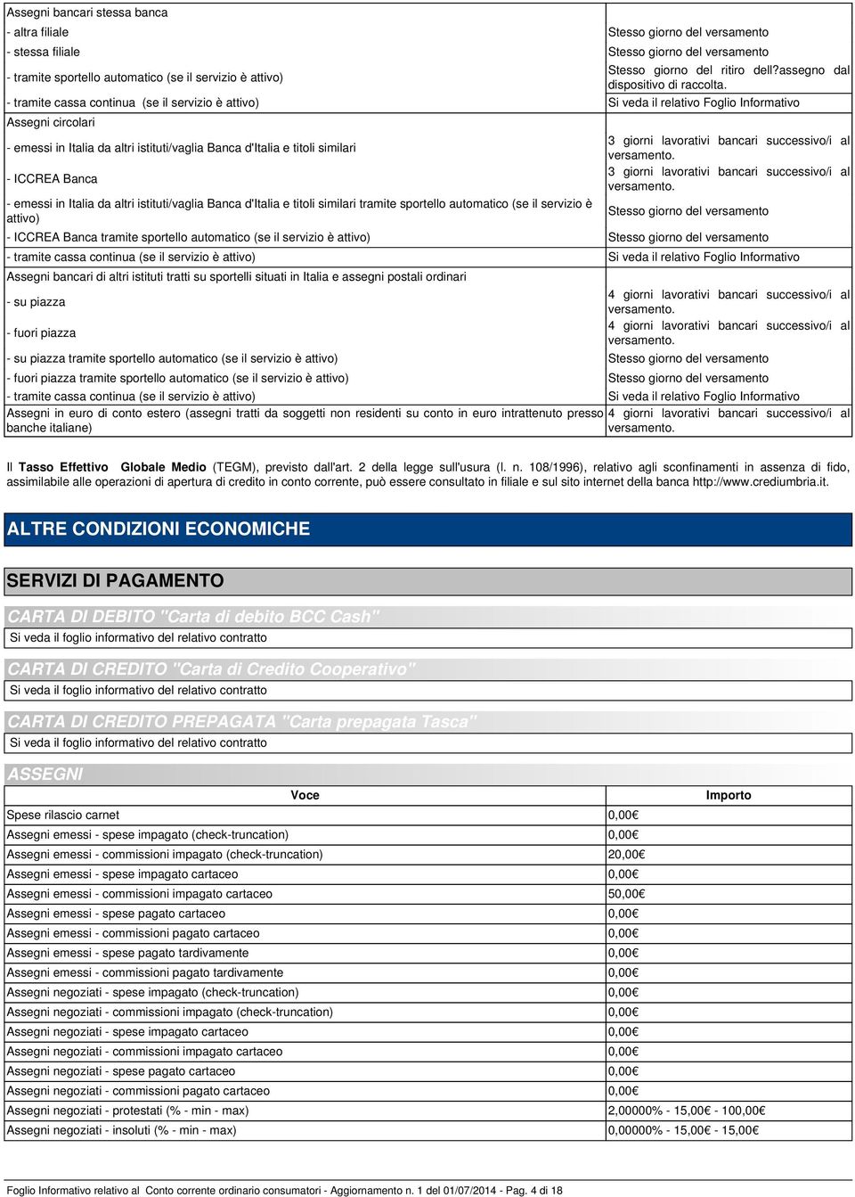 - tramite cassa continua (se il servizio è attivo) Si veda il relativo Foglio Informativo Assegni circolari - emessi in Italia da altri istituti/vaglia Banca d'italia e titoli similari 3 giorni