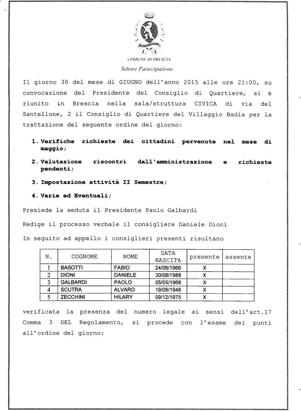 Valutazione riscontri dall'amministrazione e richieste pendenti; 3. Impostazione attività II Semestre; 4.