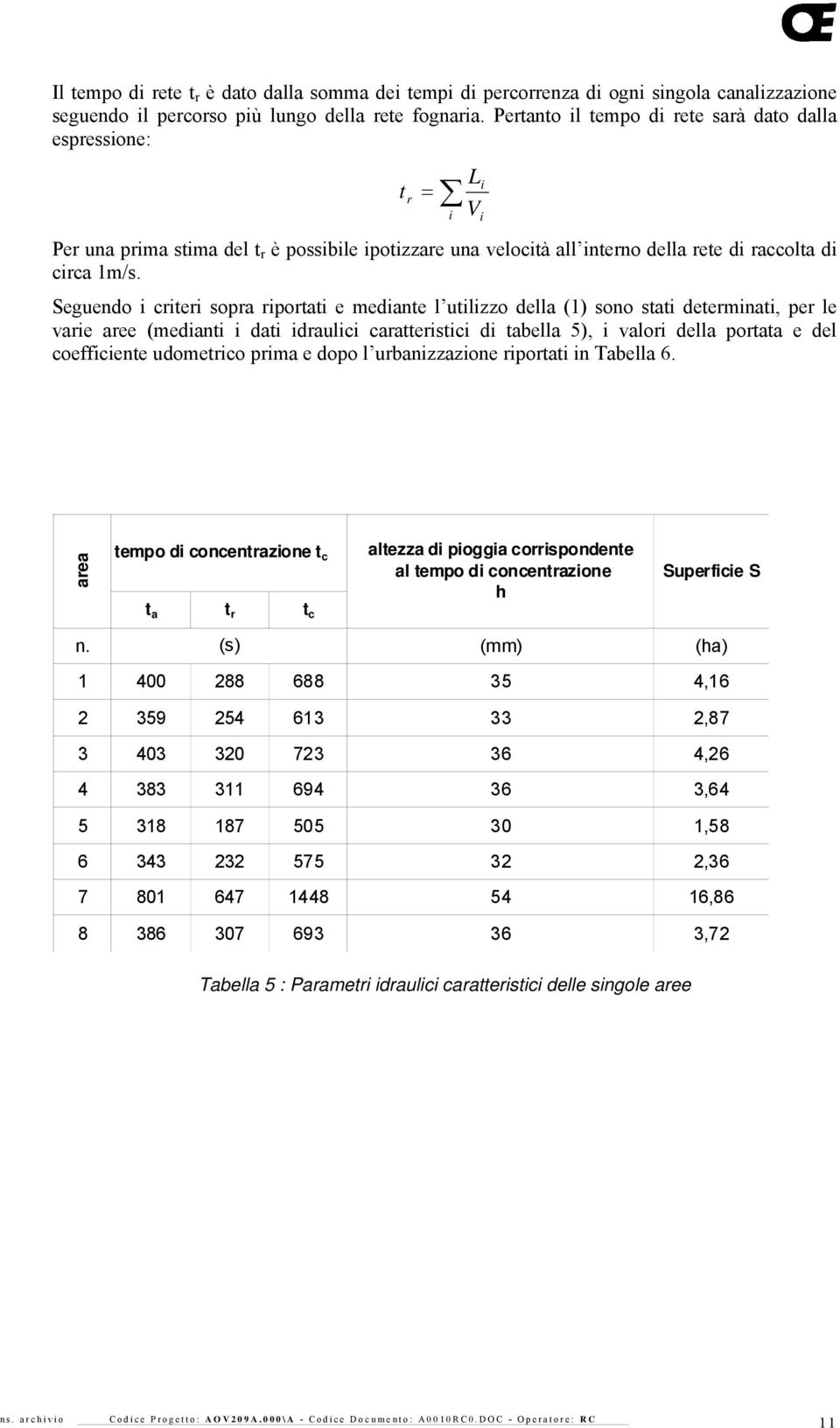 Seguendo i criteri sopra riportati e mediante l utilizzo della (1) sono stati determinati, per le varie aree (medianti i dati idraulici caratteristici di tabella 5), i valori della portata e del