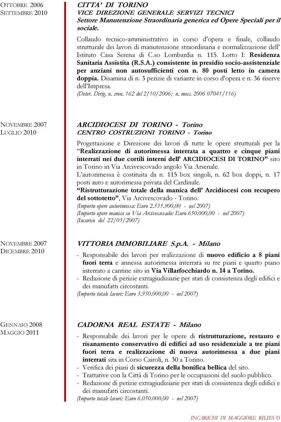 Lotto I: Residenza Sanitaria Assistita (R.S.A.) consistente in presidio socio-assistenziale per anziani non autosufficienti con n. 80 posti letto in camera doppia. Disamina di n.