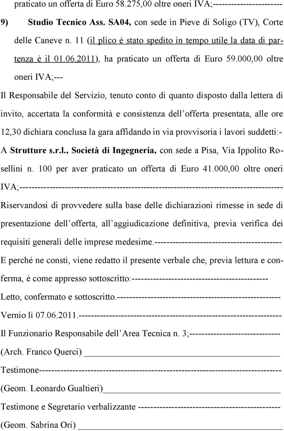 000,00 oltre oneri IVA;--- Il Responsabile del Servizio, tenuto conto di quanto disposto dalla lettera di invito, accertata la conformità e consistenza dell offerta presentata, alle ore 12,30