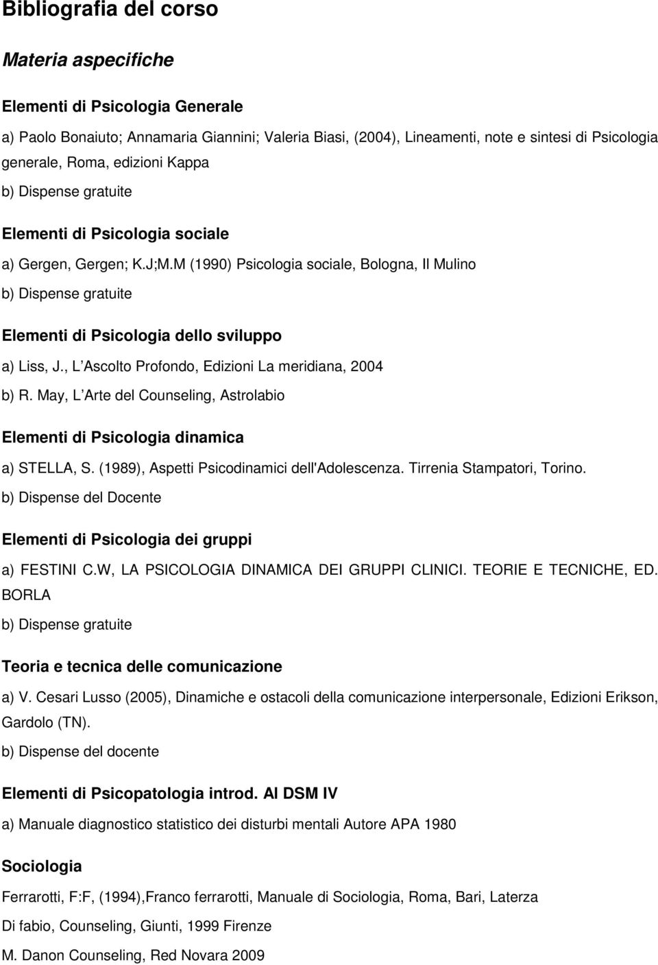 M (1990) Psicologia sociale, Bologna, Il Mulino b) Dispense gratuite Elementi di Psicologia dello sviluppo a) Liss, J., L Ascolto Profondo, Edizioni La meridiana, 2004 b) R.