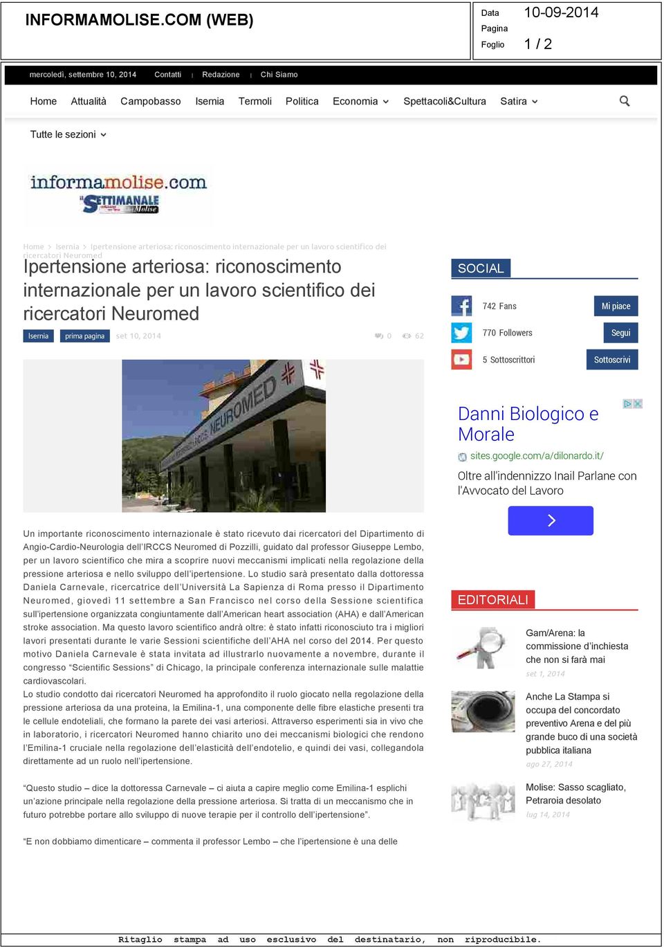 Isernia Ipertensione arteriosa: riconoscimento internazionale per un lavoro scientifico dei ricercatori Neuromed Ipertensione arteriosa: riconoscimento internazionale per un lavoro scientifico dei