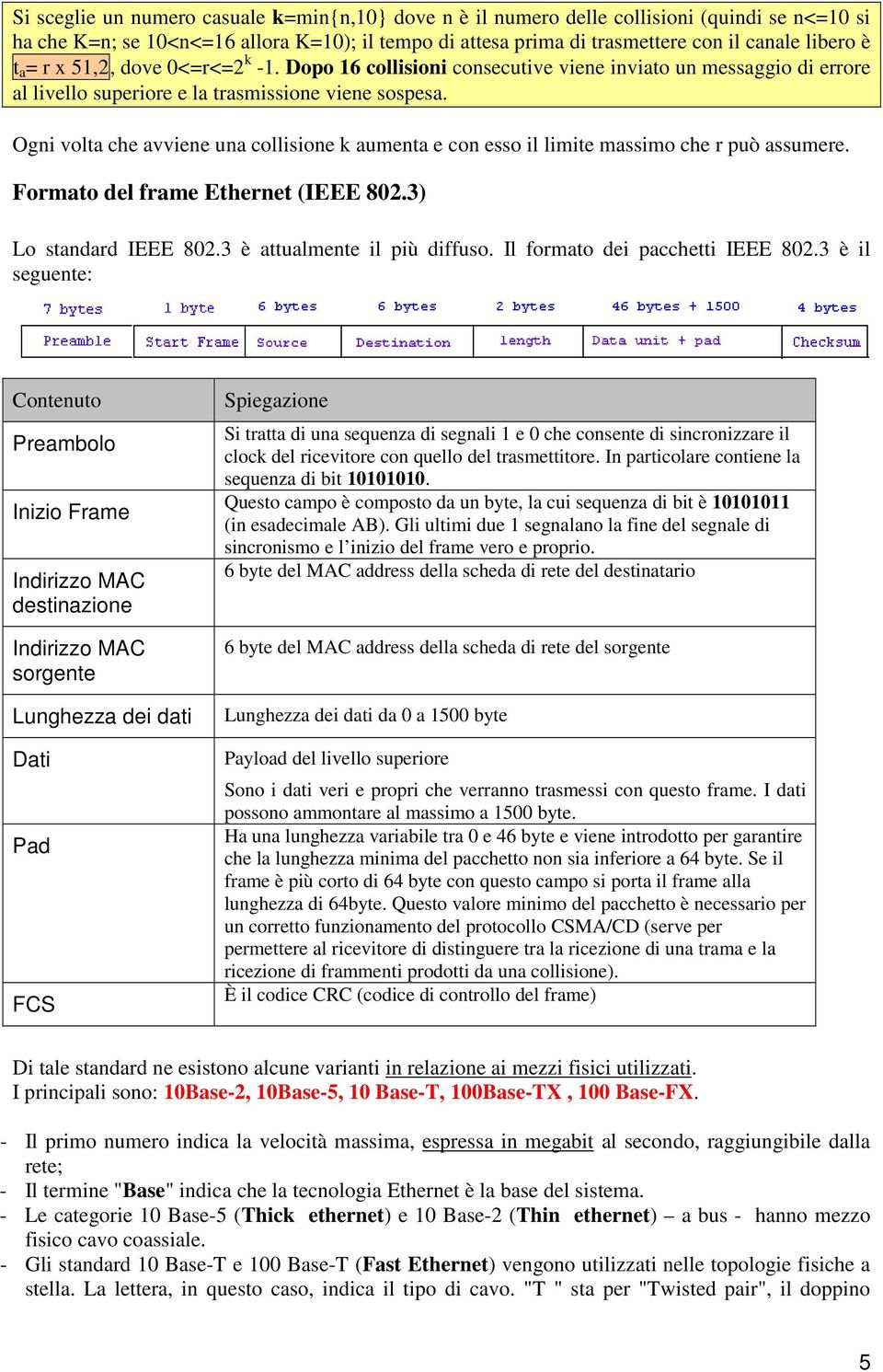 Ogni volta che avviene una collisione k aumenta e con esso il limite massimo che r può assumere. Formato del frame Ethernet (IEEE 802.3) Lo standard IEEE 802.3 è attualmente il più diffuso.