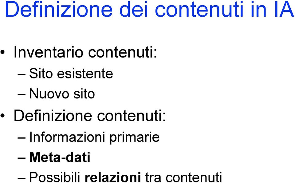 Nuovo sito Definizione contenuti: