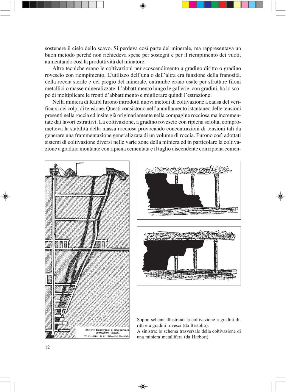 Altre tecniche erano le coltivazioni per scoscendimento a gradino diritto o gradino rovescio con riempimento.