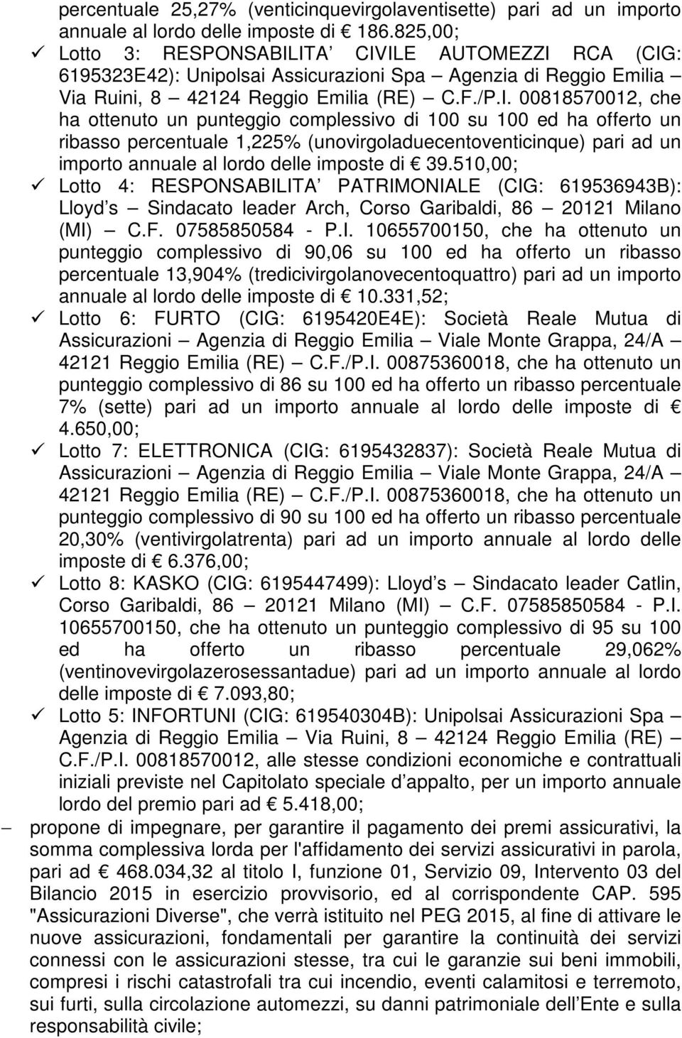 ITA CIVILE AUTOMEZZI RCA (CIG: 6195323E42): Unipolsai Assicurazioni Spa Agenzia di Reggio Emilia Via Ruini, 8 42124 Reggio Emilia (RE) C.F./P.I. 00818570012, che ha ottenuto un punteggio complessivo