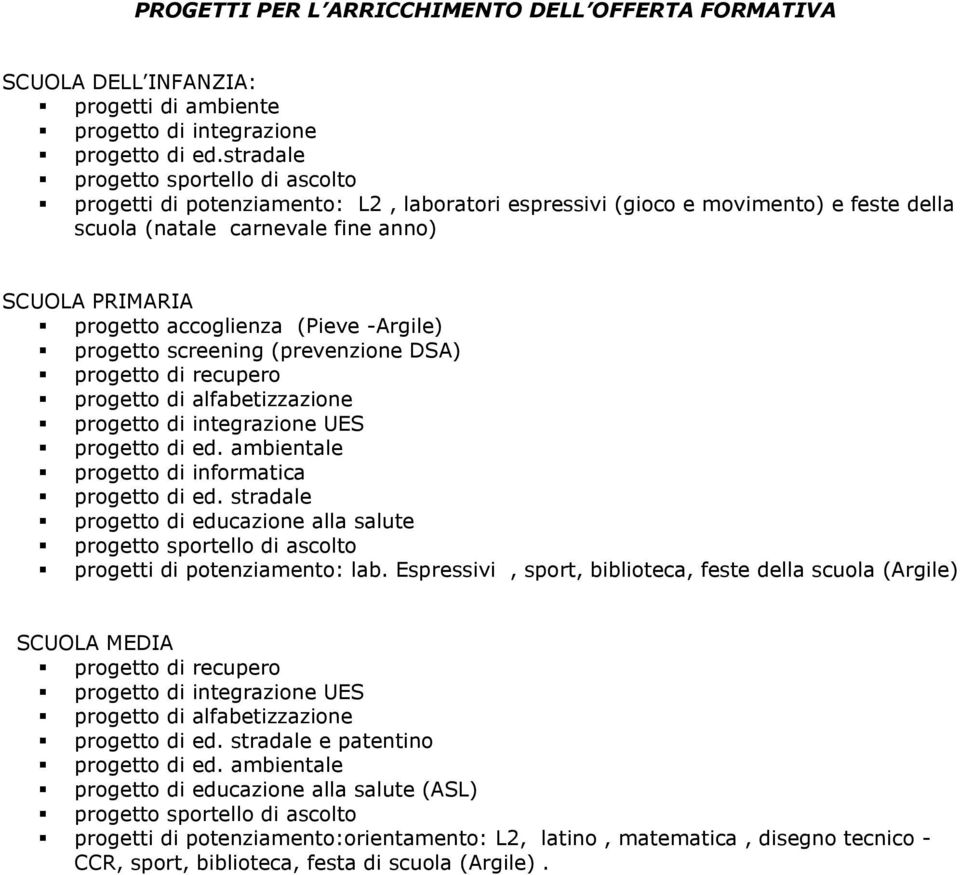 prgett screening (prevenzine DSA) prgett di recuper prgett di alfabetizzazine prgett di integrazine UES prgett di ed. ambientale prgett di infrmatica prgett di ed.