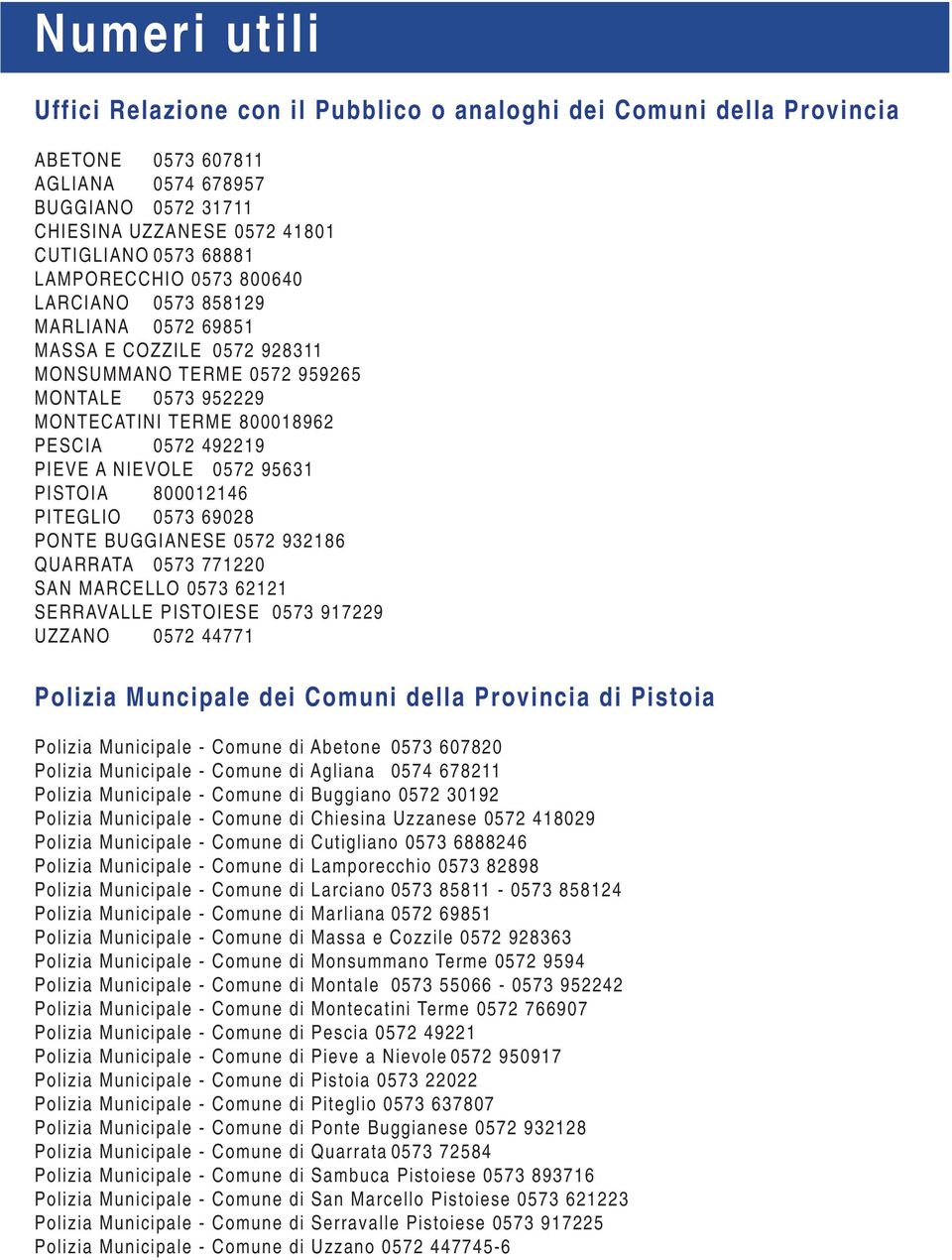 NIEVOLE 0572 95631 PISTOIA 800012146 PITEGLIO 0573 69028 PONTE BUGGIANESE 0572 932186 QUARRATA 0573 771220 SAN MARCELLO 0573 62121 SERRAVALLE PISTOIESE 0573 917229 UZZANO 0572 44771 Polizia Muncipale