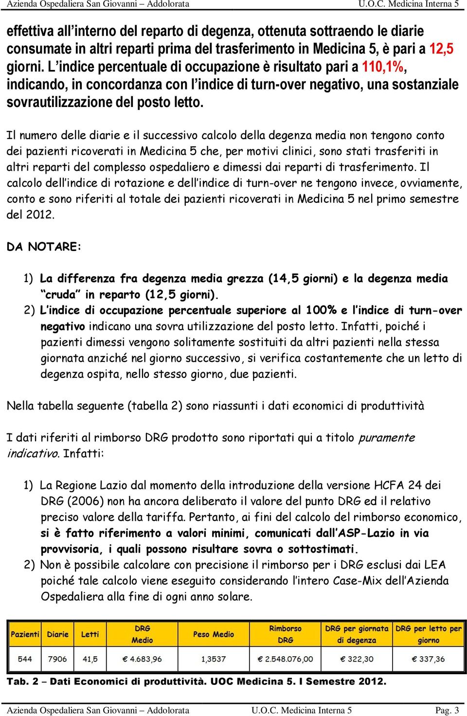 Il numero delle diarie e il successivo calcolo della degenza media non tengono conto dei pazienti ricoverati in Medicina 5 che, per motivi clinici, sono stati trasferiti in altri reparti del